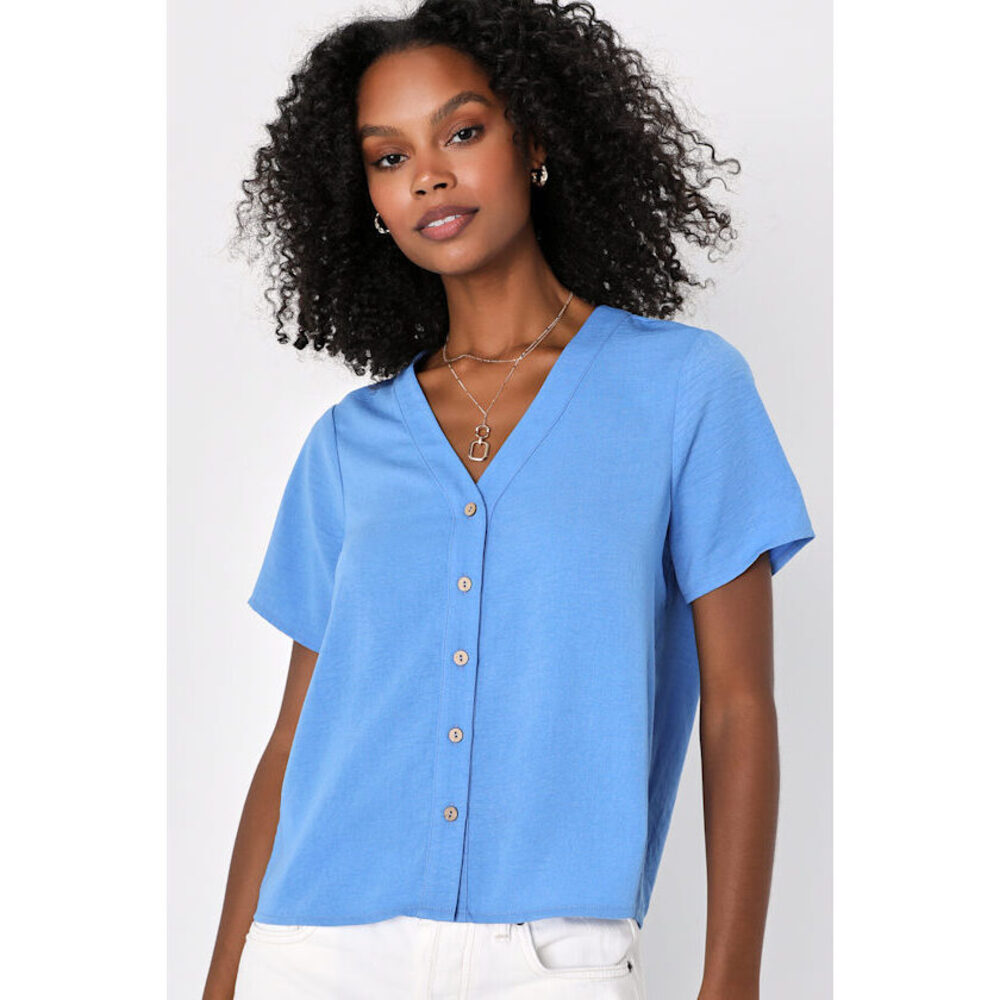 NWT Lulus Weekday Chic Blue Button-up Short Sleeve Top - Size M